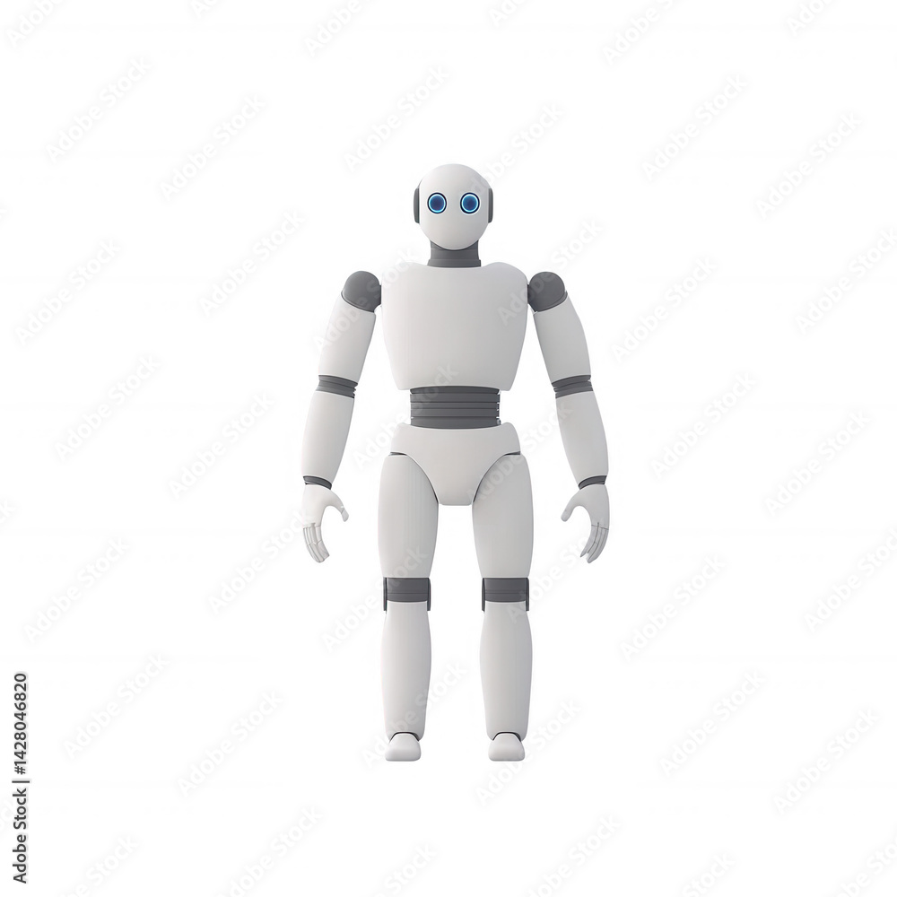 A friendly humanoid robot standing upright, designed with a sleek, modern look. Ideal for showcasing concepts of innovation, robotics, and artificial intelligence. A friendly humanoid robot standing upright, designed with a sleek, modern look. Ideal for showcasing concepts of innovation, robotics, and artificial intelligence.