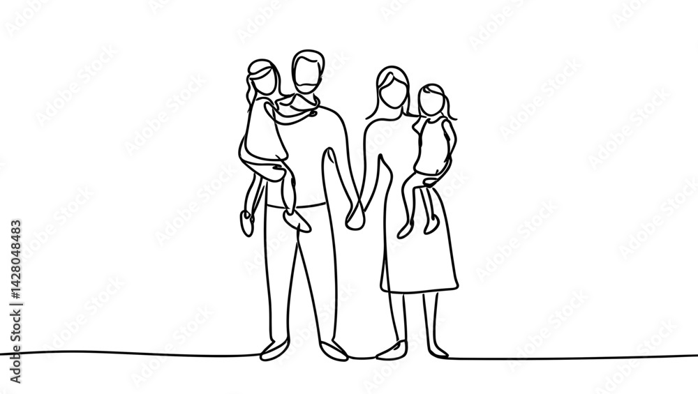 Family holding hands with children in a minimalistic outline style Family holding hands with children in a minimalistic outline style