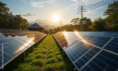 Rows of solar panels reflecting the morning sun with greenery and electric poles in background. Concept of clean energy and sustainability