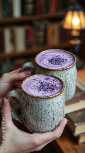 Two Hands Toasting Lavender Latte in Library