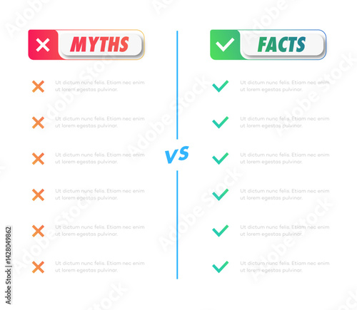 Myths vs facts background modern style on white background. Fact checking or easy compare evidence. Concept illustration Vector 10 eps