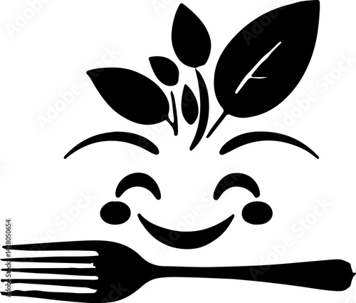 This is an icon of a happy face with leaf hair and a fork mouth 