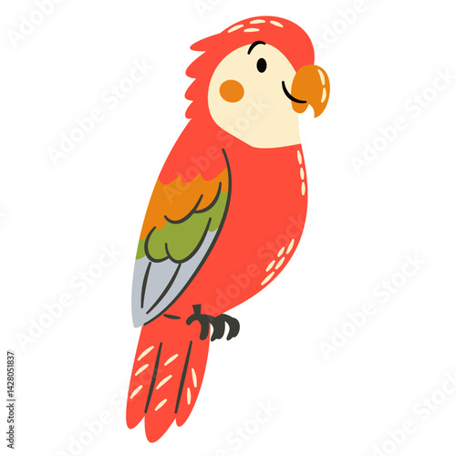 Cute vector illustration in a simple childish style. Cute parrot on white background. Safari animals . Vector illustration