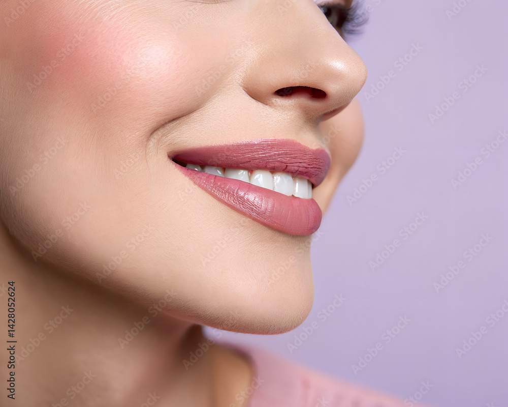 Obraz premium Close-Up of Smiling Woman with Rosy Makeup on Purple Background