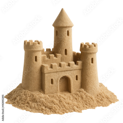 sandcastle model on beach sand isolated transparent background