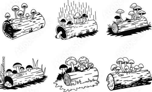 Monochrome vector illustration of mushrooms growing on logs forest fungi set