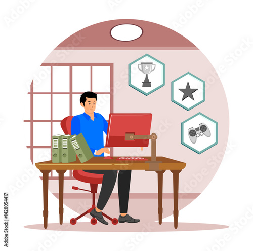 Gaming Disorder concept. Man gaming on computer playing addictive online video game.