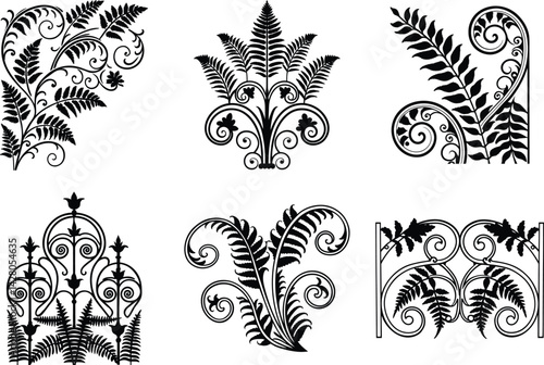 Black fern designs vector illustration set botanical ornament collection