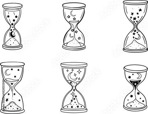 Collection of black and white hourglasses with stars and moon illustrations