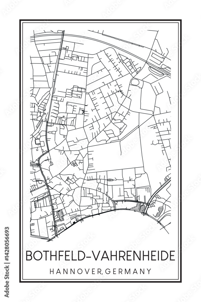 Hand drawn printable downtown road map poster of borough BOTHFELD-VAHRENHEIDE of the German city of HANOVER on solid white background with city name Hand drawn printable downtown road map poster of borough BOTHFELD-VAHRENHEIDE of the German city of HANOVER on solid white background with city name