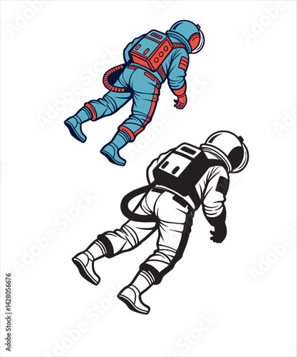 Two Astronauts in Space, Floating in Retro Style