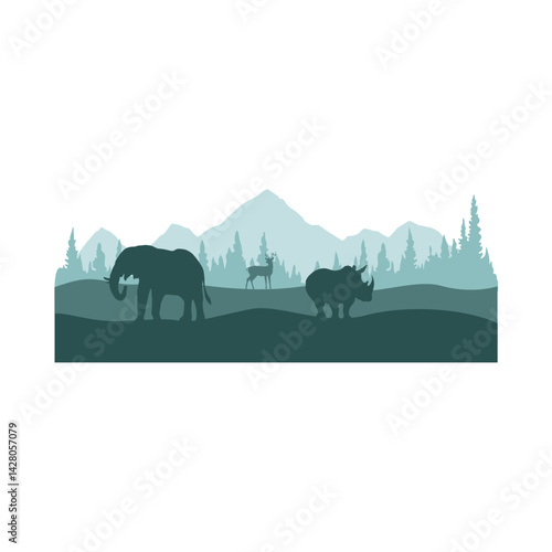 Wild life silhouette landscape. Vector mountains forest woodland background with wild animal.	
