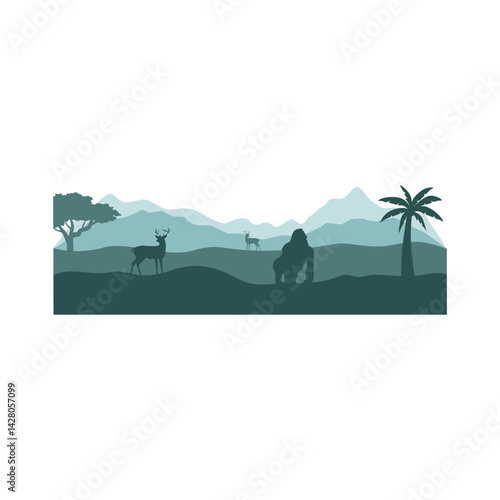 Wild life silhouette landscape. Vector mountains forest woodland background with wild animal.	