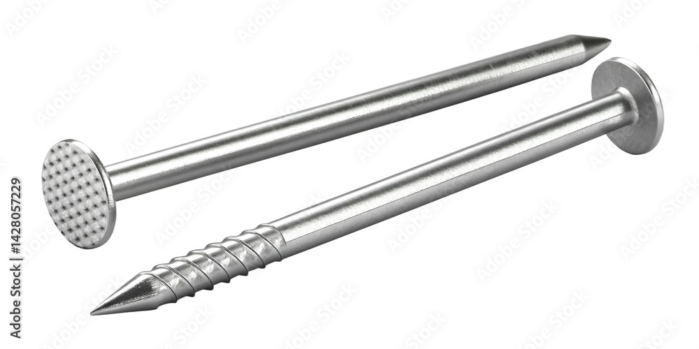 Two metallic nails on white background Two metallic nails on white background
