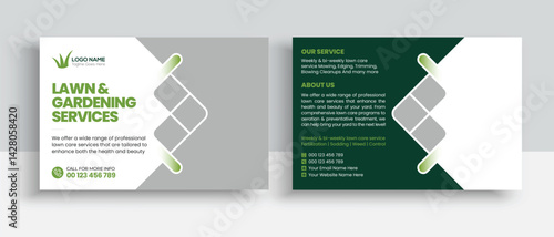 Lawn Mower Garden or Landscaping Service Postcard Template. Eddm Postcard Design, Event Card Design, Direct Mail Template, Invitation Design. leaflet, grass, equipment, gardener