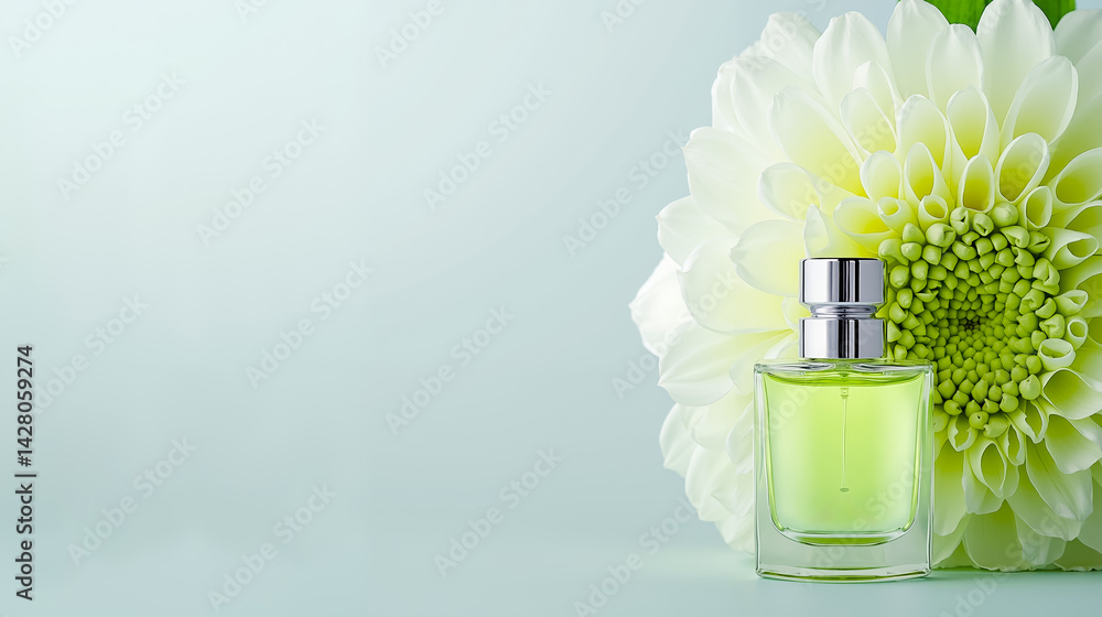 A bottle of perfume next to a white flower on a blue background A bottle of perfume next to a white flower on a blue background