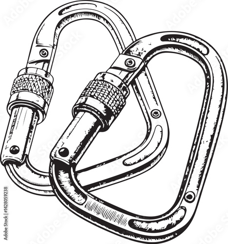 Carabiners for Camping and Climbing Black and White Vector Illustration, Sketch Drawing Line Linear Symbol Icon Engraving, Hand-drawn Isolated
