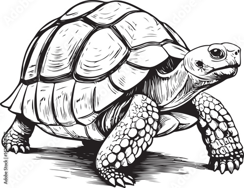 Sulcata tortoise reptile Black and White Vector Illustration, Sketch Drawing Line Linear Symbol Icon Engraving, Hand-drawn Isolated
