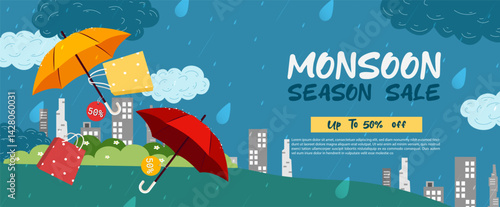 Up to 50% Off Monsoon Season Sale Featuring Colorful Umbrellas, vector illustration