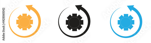 Gear icon and rotating arrow, isolated on white background, vector illustration.