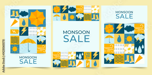 Stylish Monsoon Sale Banners Featuring Various Seasonal Elements, Vector Illustration