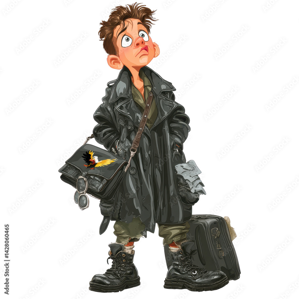 Cartoon illustration of a young boy wearing a leather coat looking up carrying a bag and suitcase Cartoon illustration of a young boy wearing a leather coat looking up carrying a bag and suitcase