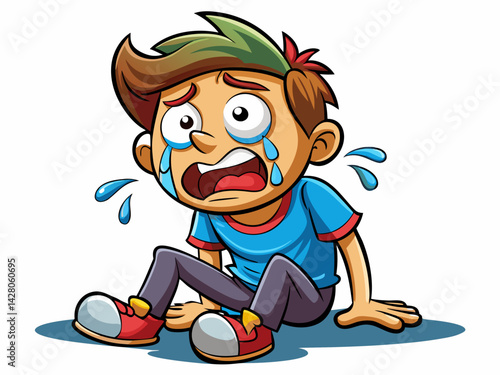 A high-quality vector illustration of a cartoon person with droopy eyes and tears running down, sitting with knees up, isolated on a white background