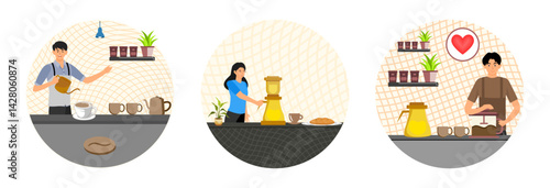 Professional barista making pour-over concept. Siphon maker device. Aeropress coffee.