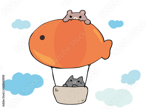 くま ねこ 気球に乗って