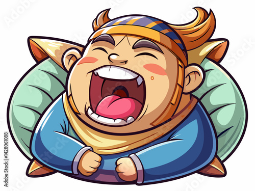 A high-quality vector illustration of a cartoon character yawning, eyes half-closed, with a pillow under arm, isolated on a white background