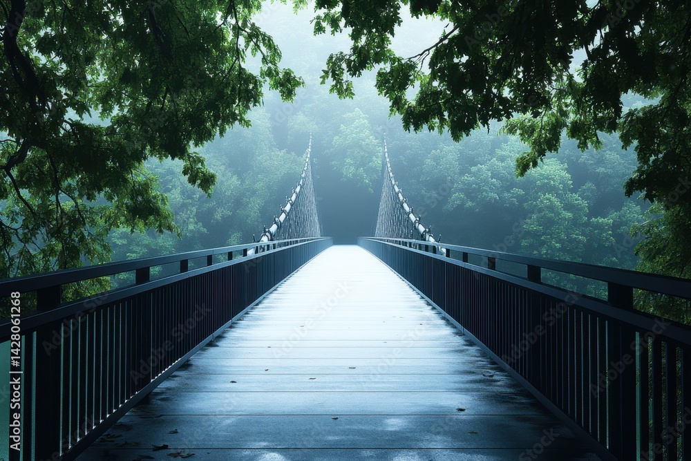 Fototapeta premium Misty bridge leading through a forest pathway on a rainy day