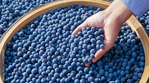 Blueberries are being collected from the bushes on the plantation by a farmer
