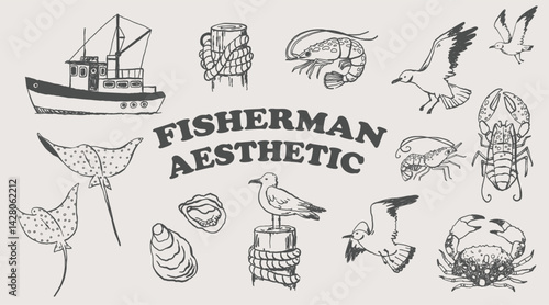 Fisherman aesthetic line art, hand drawn maritime doodles, nautical outline illustrations