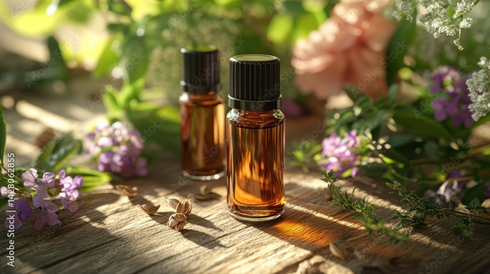 Aroma Therapy Bottles Surrounded by Fresh Flowers and Greenery on Rustic Wooden Surface Aroma Therapy Bottles Surrounded by Fresh Flowers and Greenery on Rustic Wooden Surface