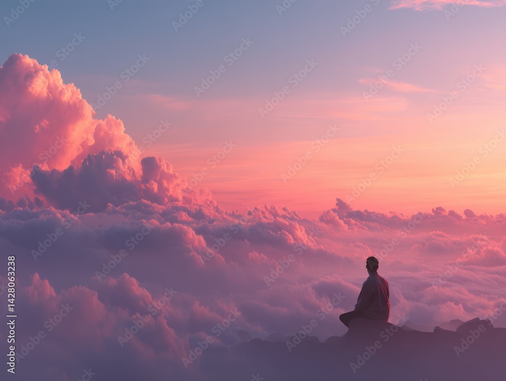 Silhouetted figure meditating atop a mountain peak, amongst clouds at sunset. Silhouetted figure meditating atop a mountain peak, amongst clouds at sunset.