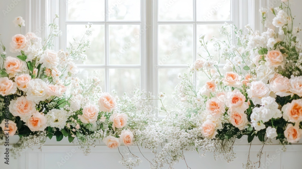 Naklejka premium Wedding photography backdrop featuring a white window with flowers. -