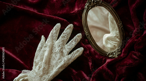 Displaying elegance victorian-inspired lace gloves and hand mirror vintage room photography soft light timeless beauty