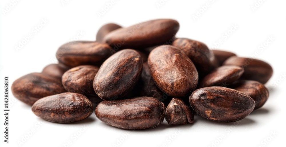 A Close-Up View of Brown Cocoa Beans Piled Together on a White Background Capturing Their Natural Texture and Shape A Close-Up View of Brown Cocoa Beans Piled Together on a White Background Capturing Their Natural Texture and Shape