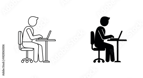 Person Working at Laptop: Outline and Silhouette Icons