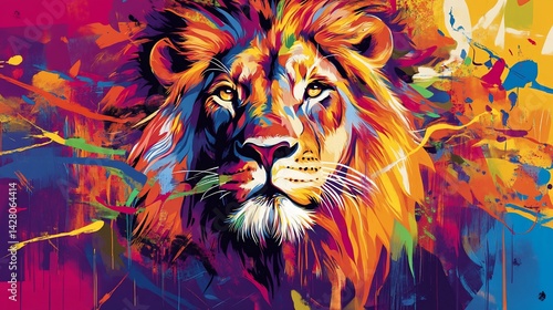 Colorful pop art portrait of a majestic lion with vibrant strokes and bright hues