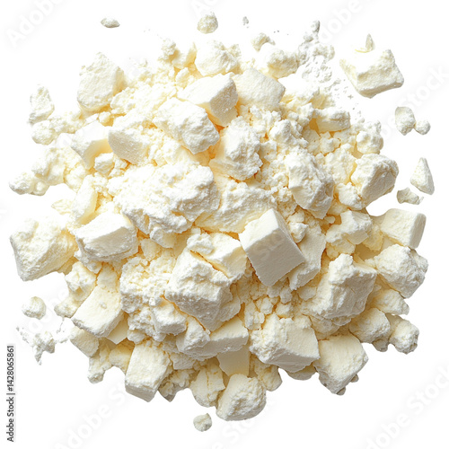 Fresh feta cheese crumbles close up for salads and mediterranean dishes on transparent background