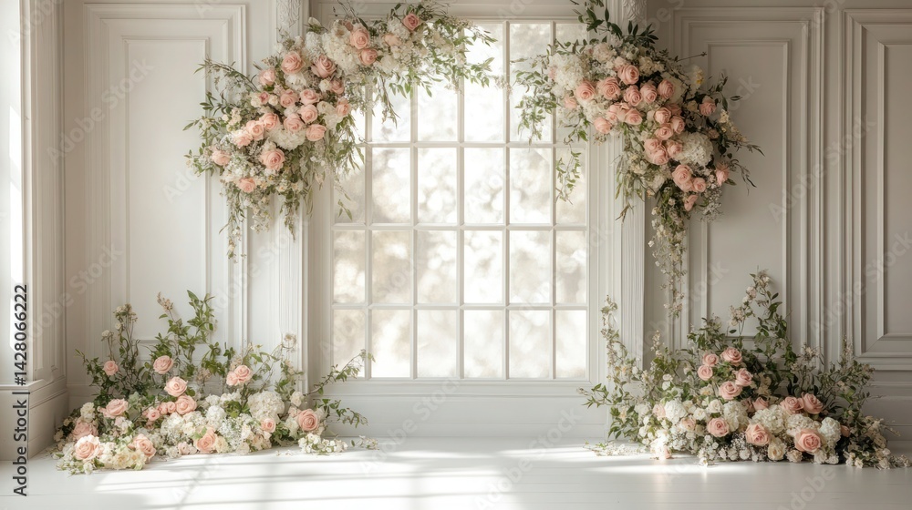 Fototapeta premium Wedding photography backdrop with a white window and flowers, set in a romantic atmosphere.