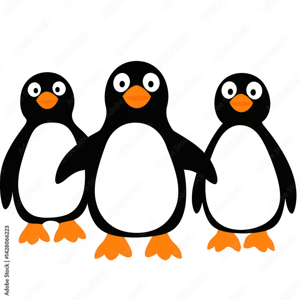 Obraz premium Three cute cartoon penguins with cheerful expressions and orange accents, standing together in a friendly pose against a white isolate background.
