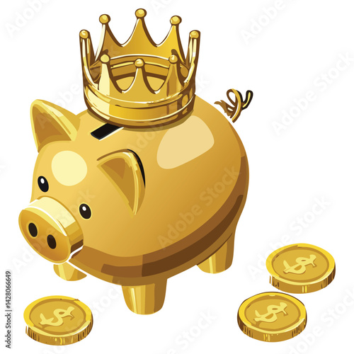 Gold Piggy Bank with Crown and Treasure Coin
