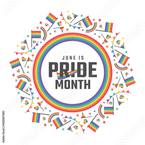 June is pride month - Text in circle rainbow frame and pride flags rainbow hearts around vector design