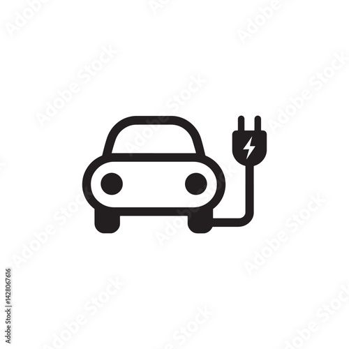 Black and White Icon of an Electric Car with Charging Plug and Lightning Bolt Representing Sustainable Transportation, EV Charging, Editable Vector Illustration Isolated on a White Background