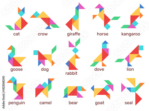 Tangram animals. Geometric puzzle, simple colorful shapes, kids logical and creativity childish education, assembly simple mosaic schemes, abstract flat cat and giraffe, qualitative vector set
