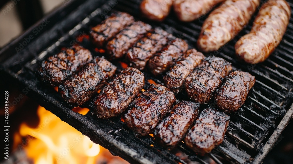 Grilled Meat and Sausages on Barbecue Grill Grilled Meat and Sausages on Barbecue Grill