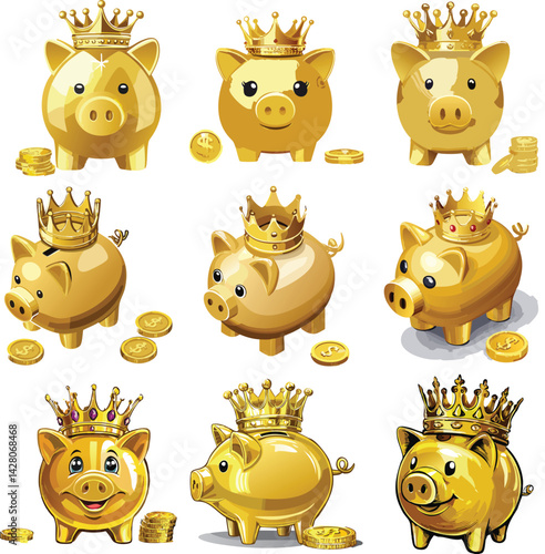 Gold piggy bank wearing a crown with gold coin
