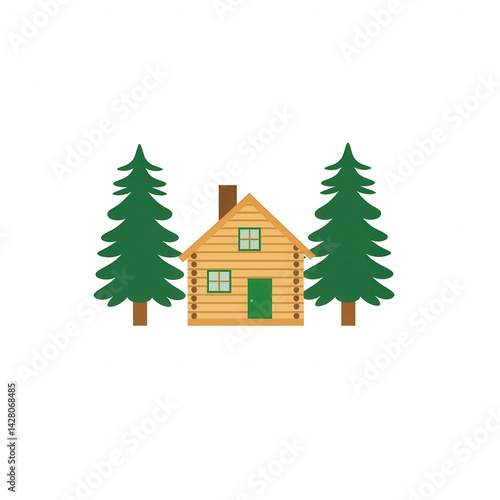 Wooden cabin surrounded by tall evergreen trees, ideal for cozy getaways in nature. Perfect for illustrating rustic themes or tranquil retreats.